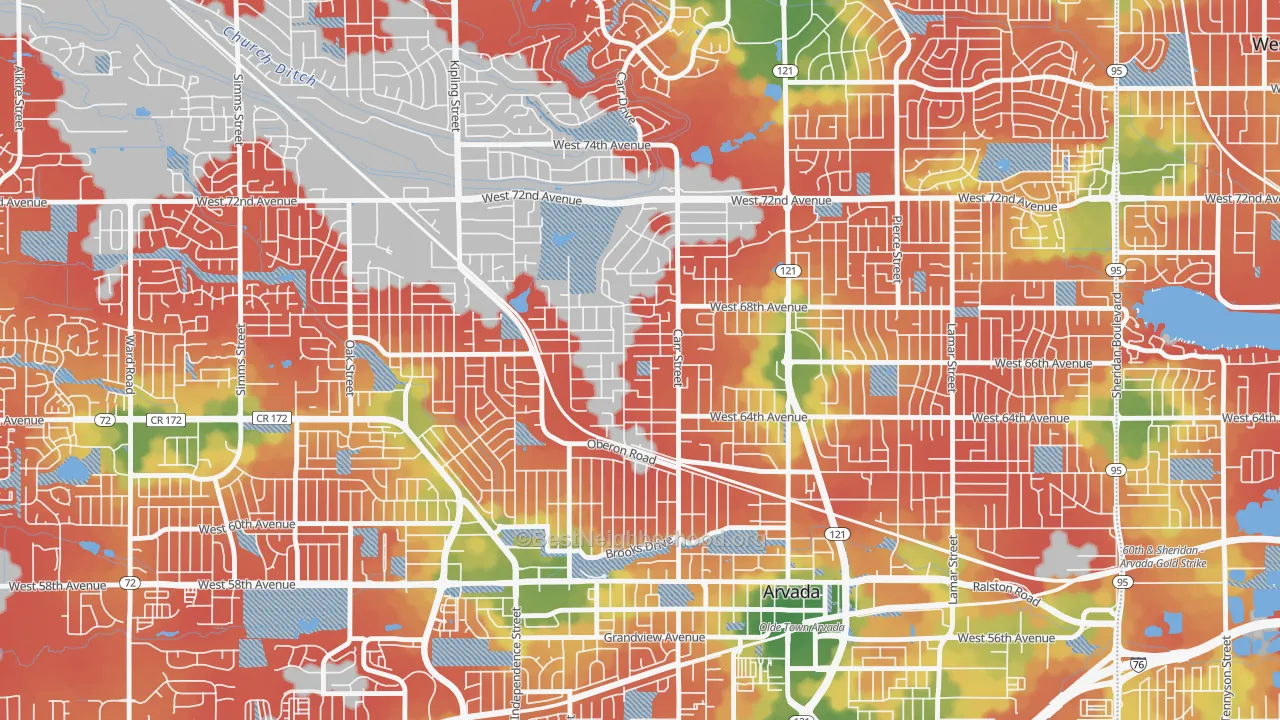 Walk Grade map of Scenic Heights, Arvada, CO, walkable areas in green and car-dependent areas in red
