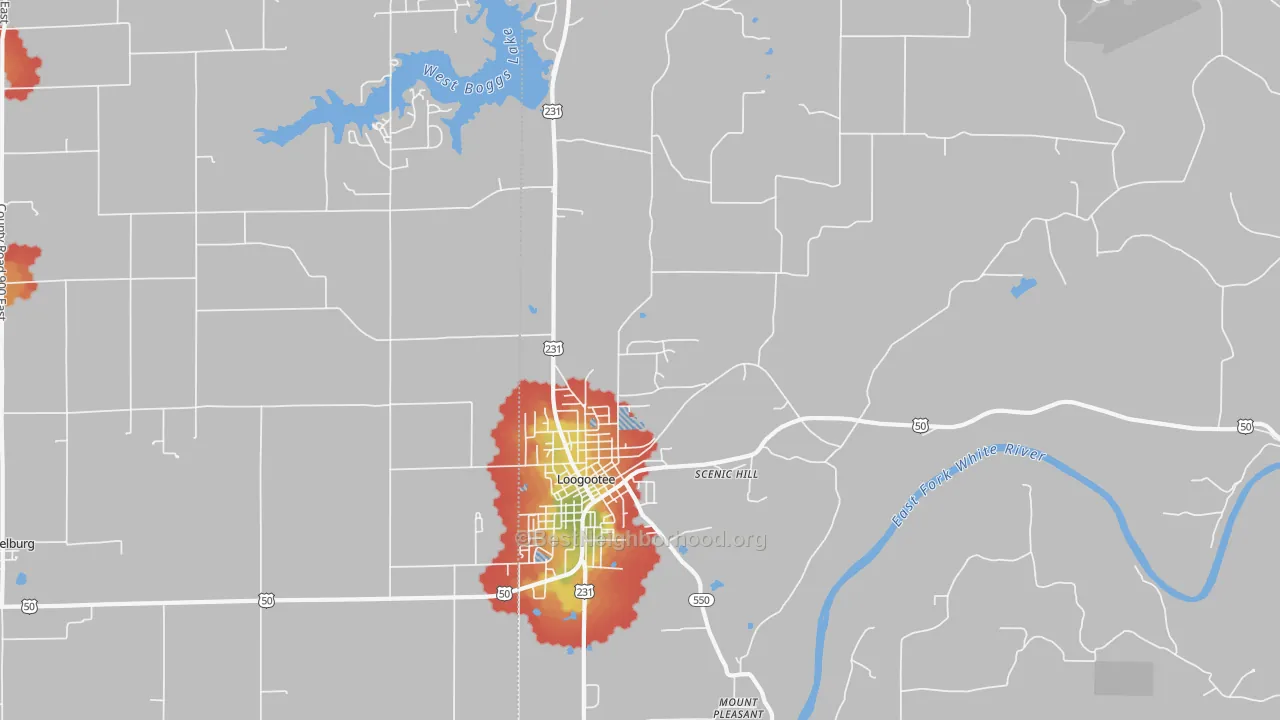 Walk Grade map of Scenic Hill, IN, walkable areas in green and car-dependent areas in red