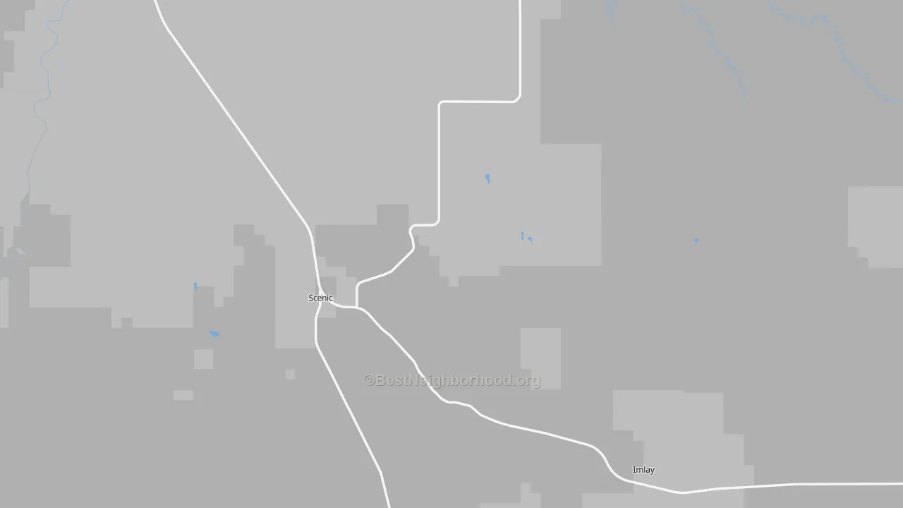 Walk Grade map of Scenic, SD, walkable areas in green and car-dependent areas in red