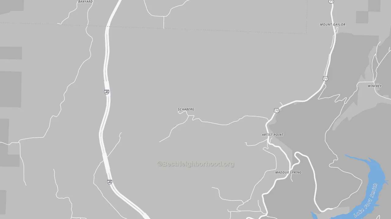 Walk Grade map of Schaberg, AR, walkable areas in green and car-dependent areas in red