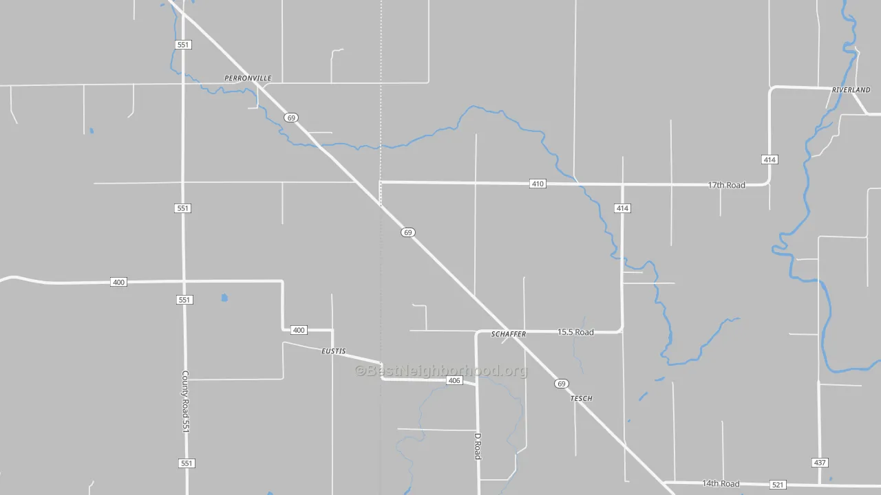 Walk Grade map of Schaffer, MI, walkable areas in green and car-dependent areas in red