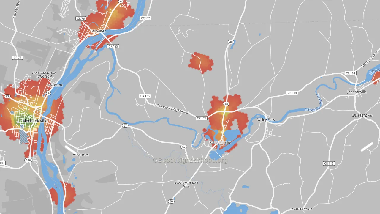 Walk Grade map of Schaghticoke, NY, walkable areas in green and car-dependent areas in red