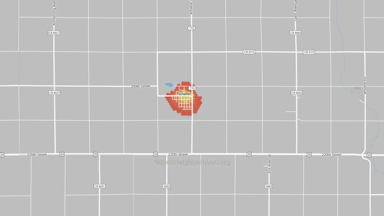 Walk Grade map of Schaller, IA, walkable areas in green and car-dependent areas in red