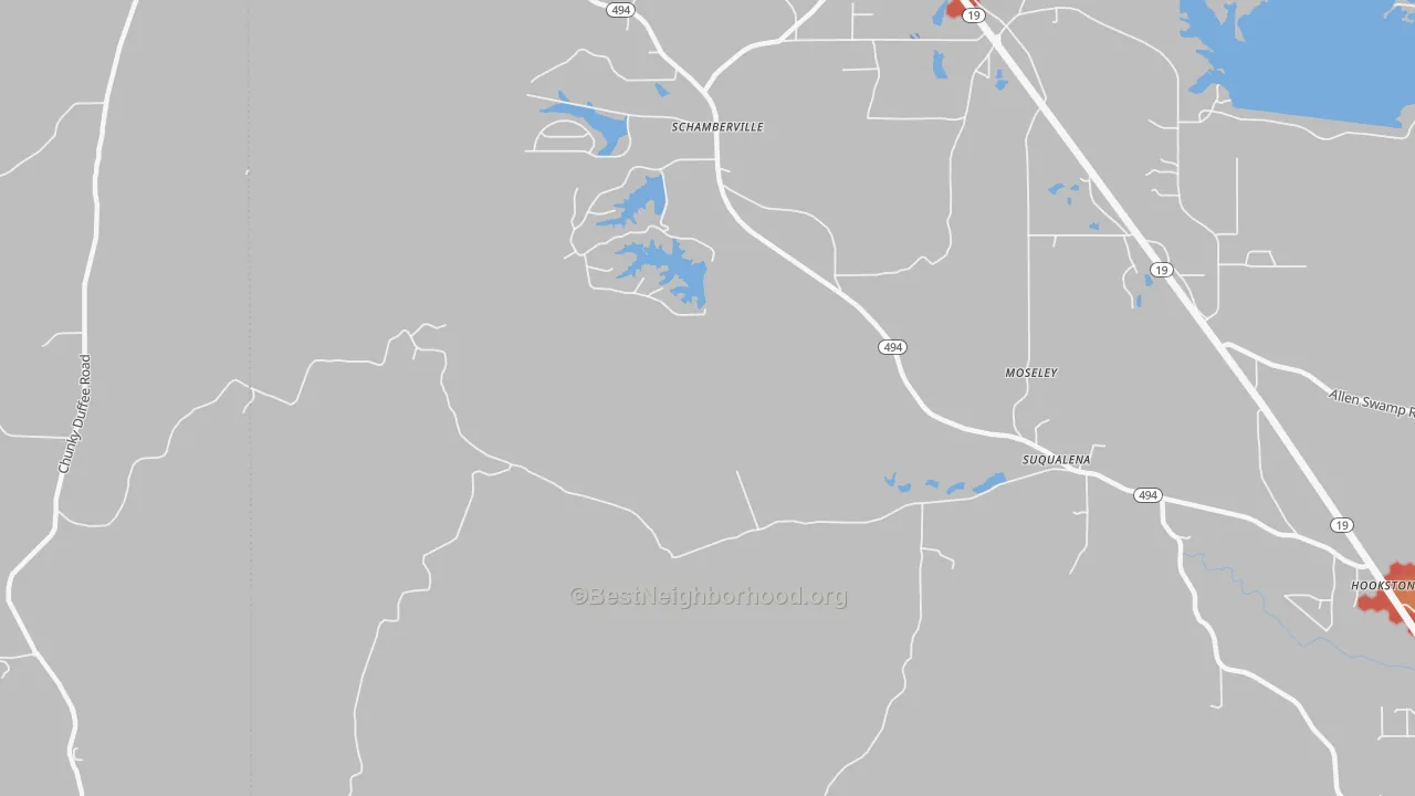 Walk Grade map of Schamberville, MS, walkable areas in green and car-dependent areas in red