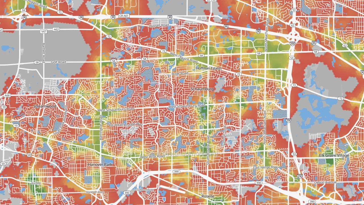 Walk Grade map of Schaumburg, IL, walkable areas in green and car-dependent areas in red