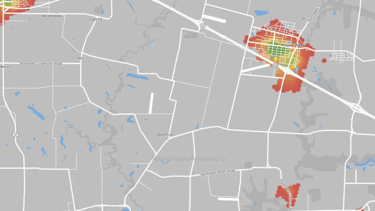 Walk Grade map of Schefflin, OR, walkable areas in green and car-dependent areas in red