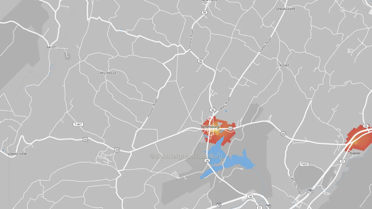 Walk Grade map of Schellsburg, PA, walkable areas in green and car-dependent areas in red
