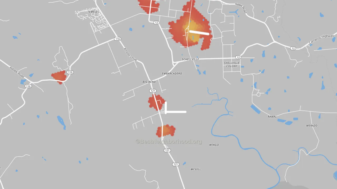 Walk Grade map of Schellville, CA, walkable areas in green and car-dependent areas in red