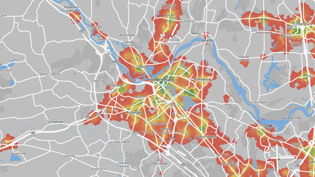 Walk Grade map of Schenectady County, NY, walkable areas in green and car-dependent areas in red