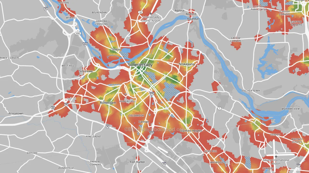 Walk Grade map of Schenectady, NY, walkable areas in green and car-dependent areas in red