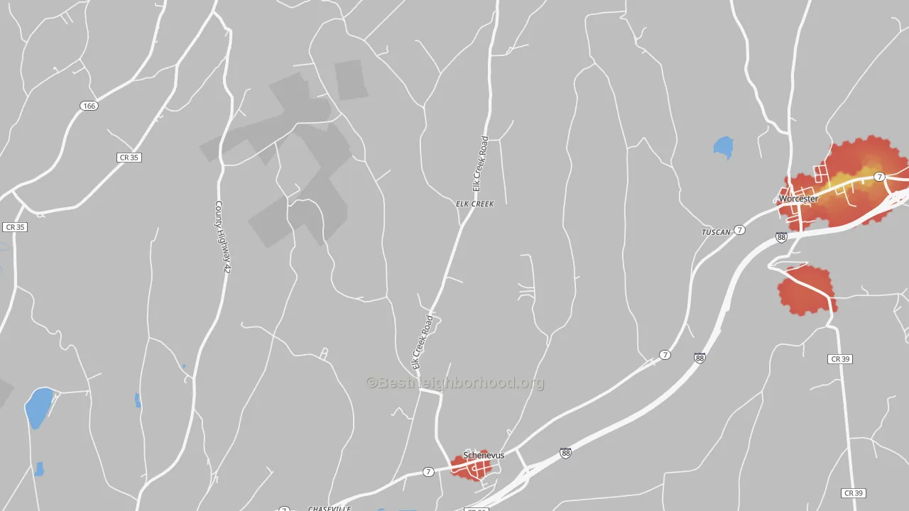 Walk Grade map of Schenevus, NY, walkable areas in green and car-dependent areas in red