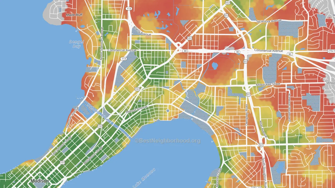 Walk Grade map of Schenk-Atwood-Starkweather-Yahar, Madison, WI, walkable areas in green and car-dependent areas in red