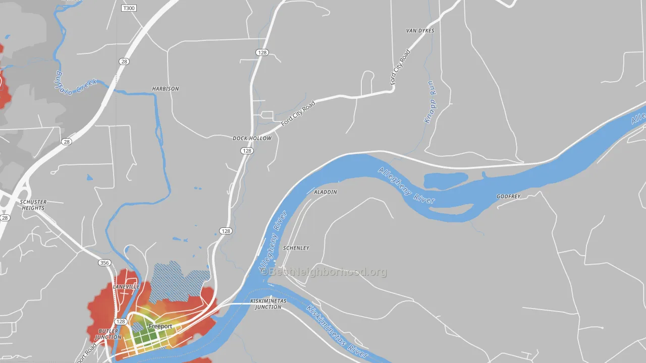 Walk Grade map of Schenley, PA, walkable areas in green and car-dependent areas in red