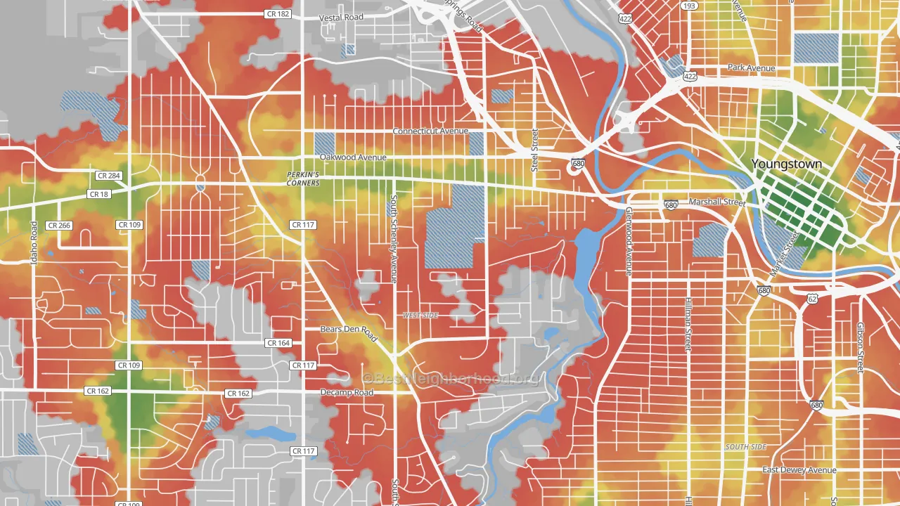Walk Grade map of Schenley, Youngstown, OH, walkable areas in green and car-dependent areas in red