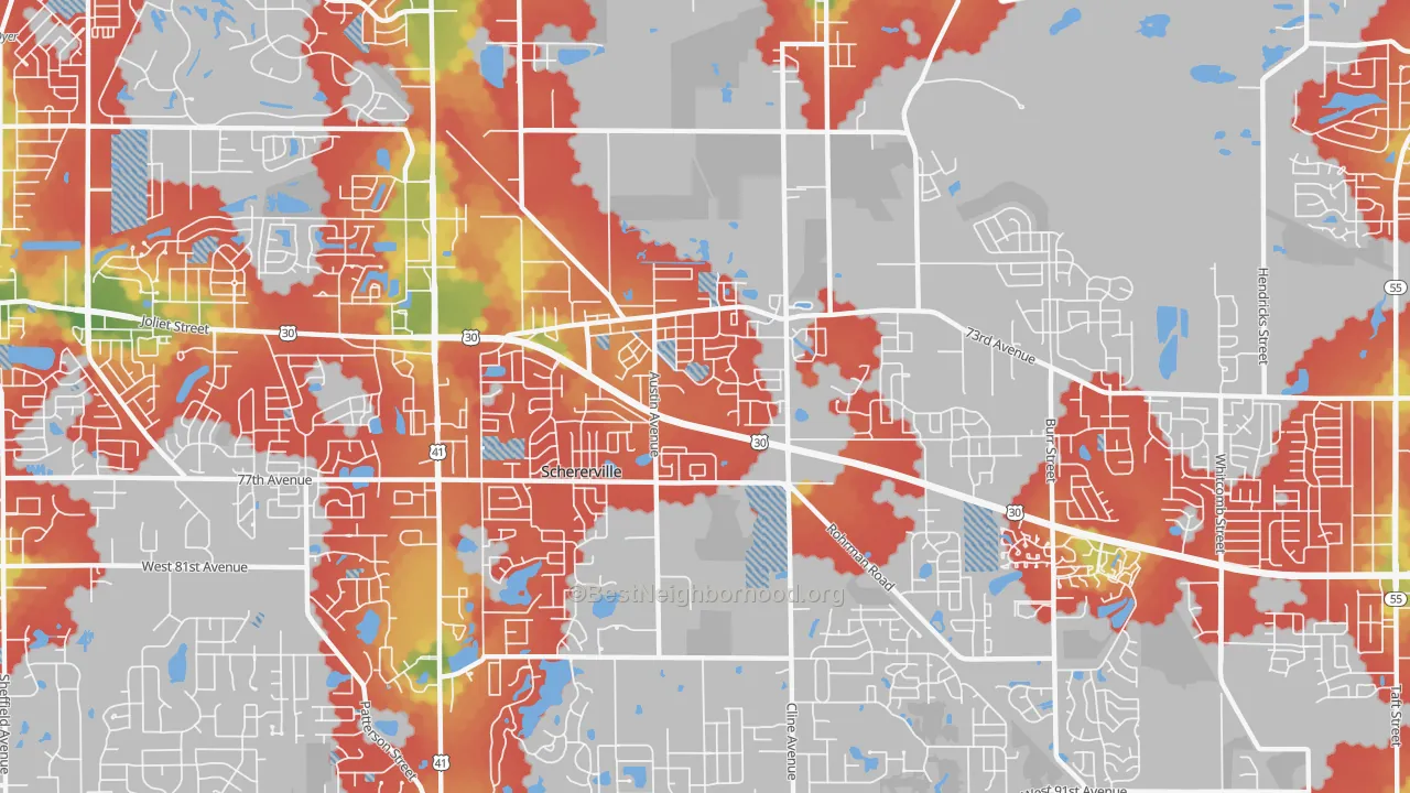 Walk Grade map of Schererville, IN, walkable areas in green and car-dependent areas in red