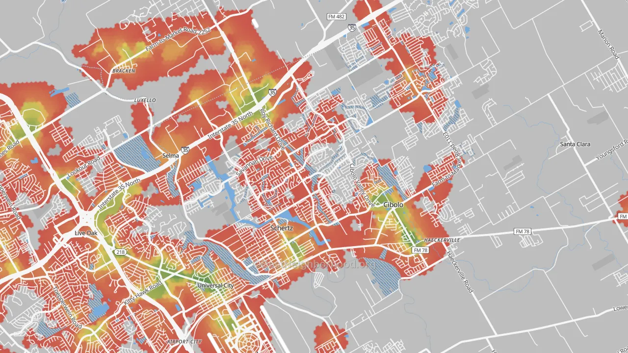 Walk Grade map of Schertz, TX, walkable areas in green and car-dependent areas in red