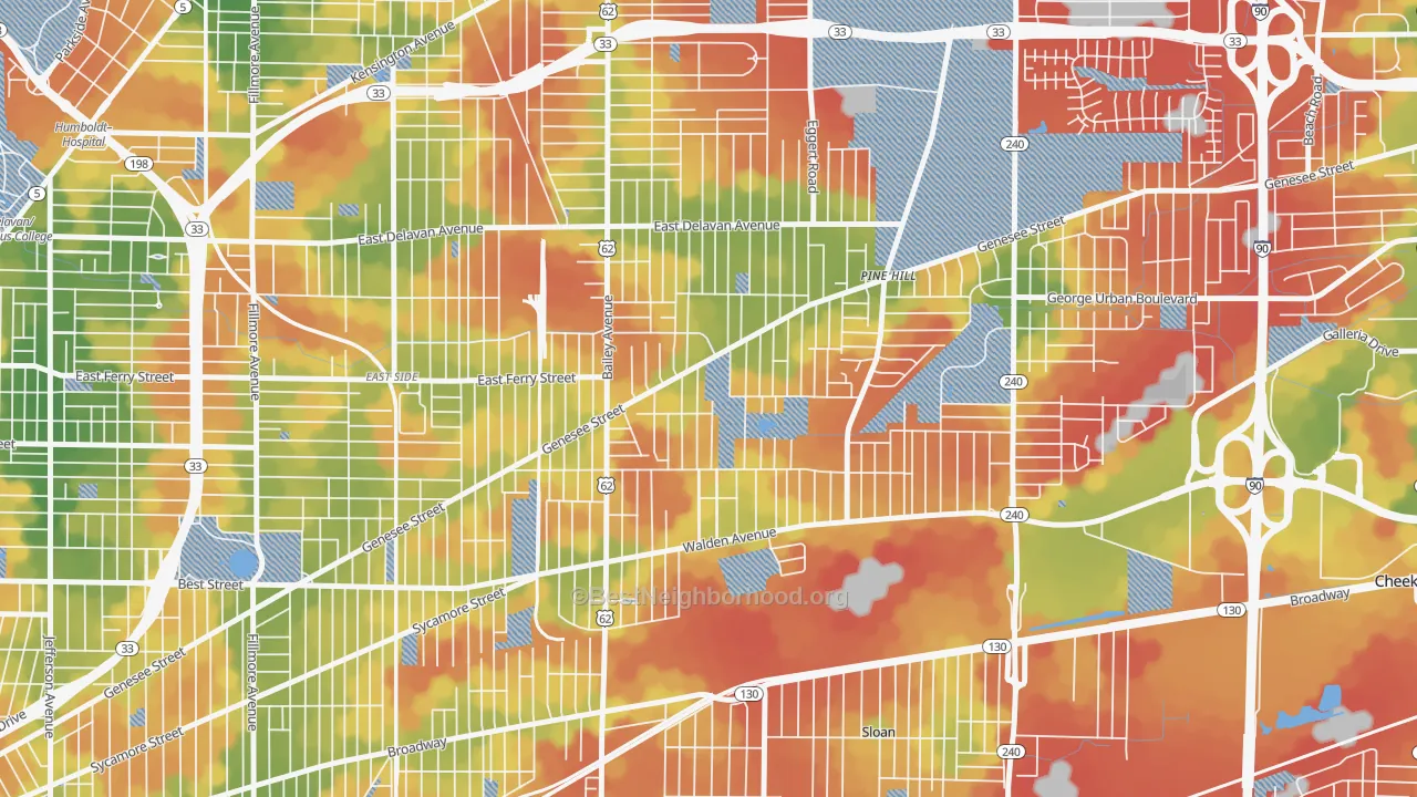 Walk Grade map of Schiller Park, Buffalo, NY, walkable areas in green and car-dependent areas in red