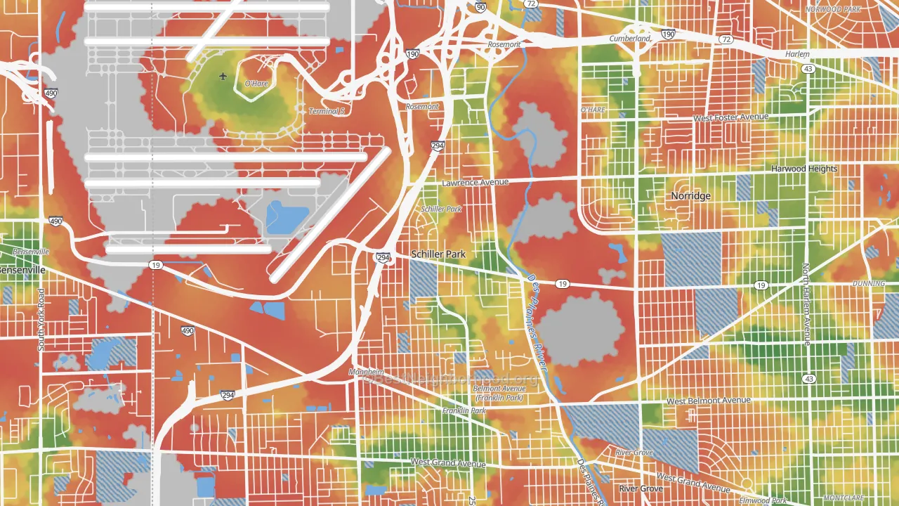 Walk Grade map of Schiller Park, IL, walkable areas in green and car-dependent areas in red