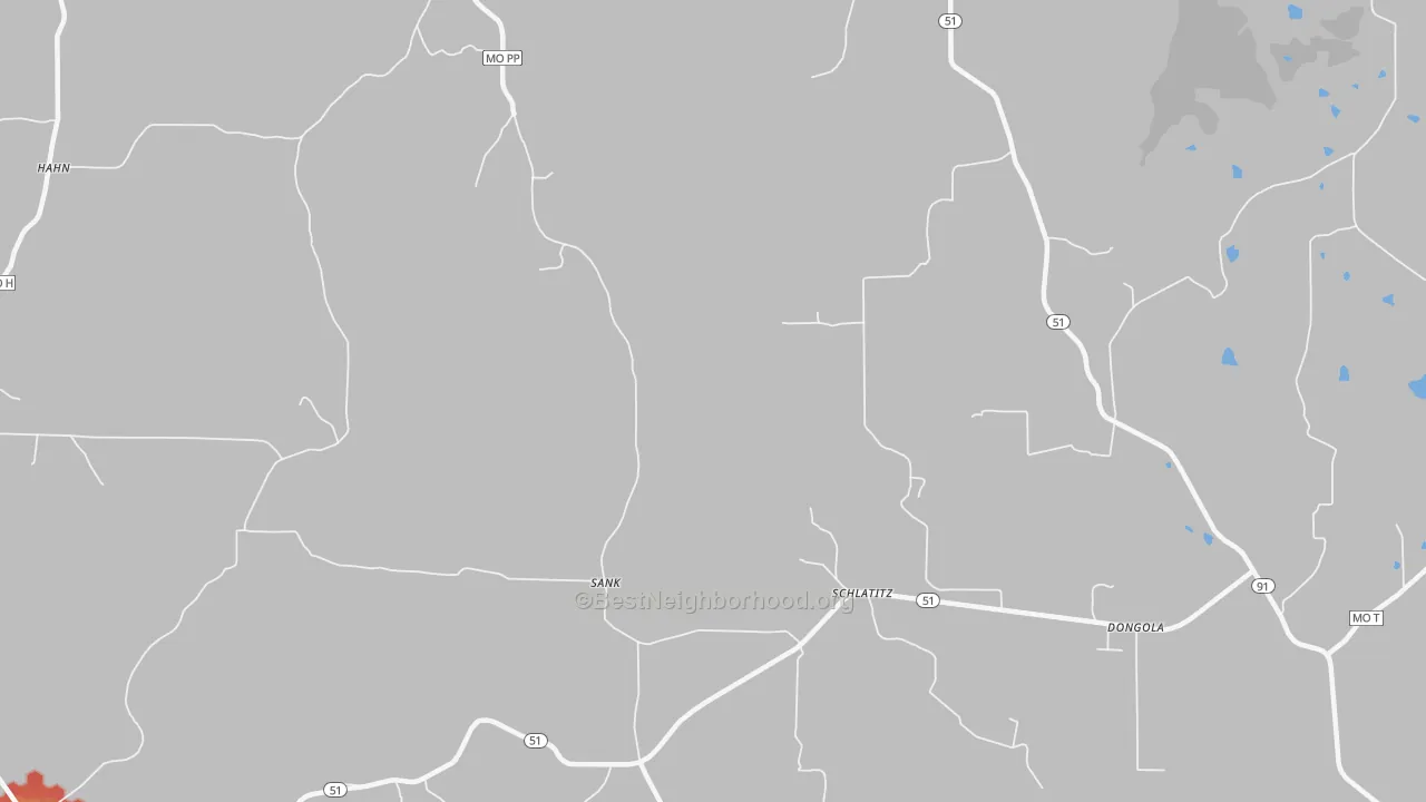 Walk Grade map of Schlatitz, MO, walkable areas in green and car-dependent areas in red
