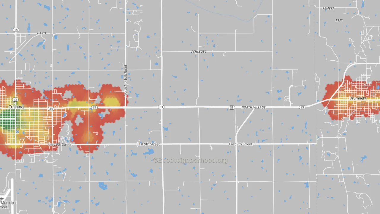 Walk Grade map of Schlegel, OK, walkable areas in green and car-dependent areas in red