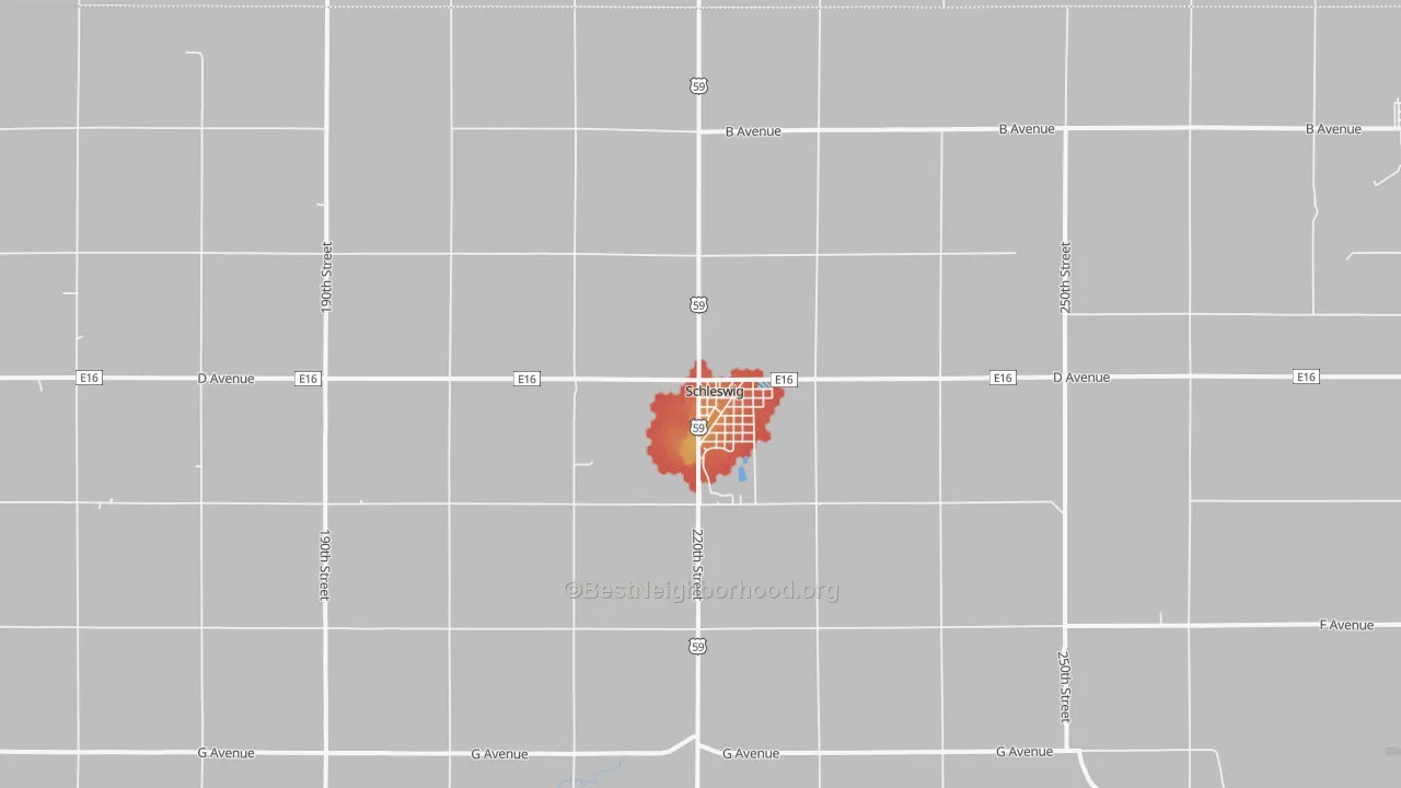 Walk Grade map of Schleswig, IA, walkable areas in green and car-dependent areas in red