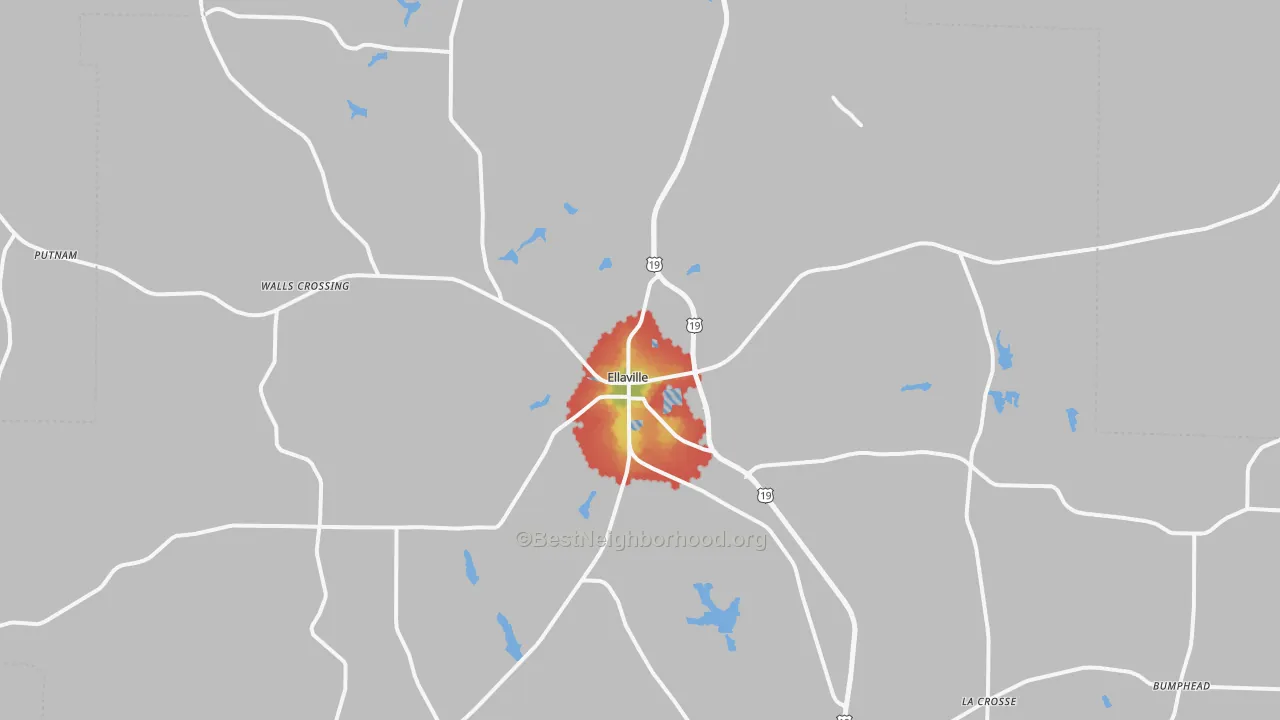 Walk Grade map of Schley County, GA, walkable areas in green and car-dependent areas in red