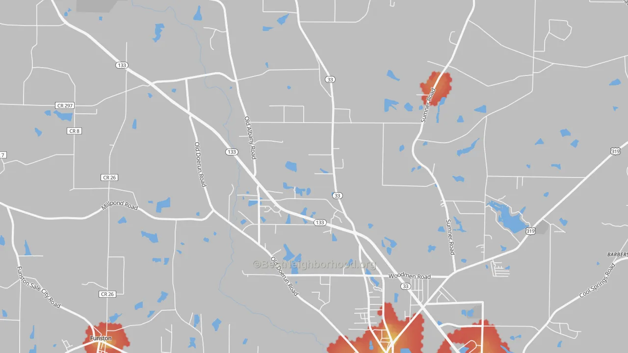 Walk Grade map of Schley, GA, walkable areas in green and car-dependent areas in red