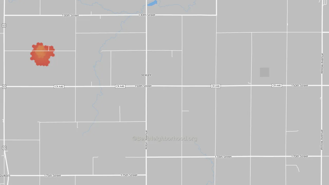 Walk Grade map of Schley, IA, walkable areas in green and car-dependent areas in red