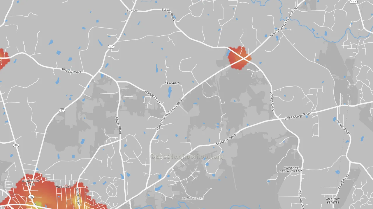 Walk Grade map of Schley, NC, walkable areas in green and car-dependent areas in red