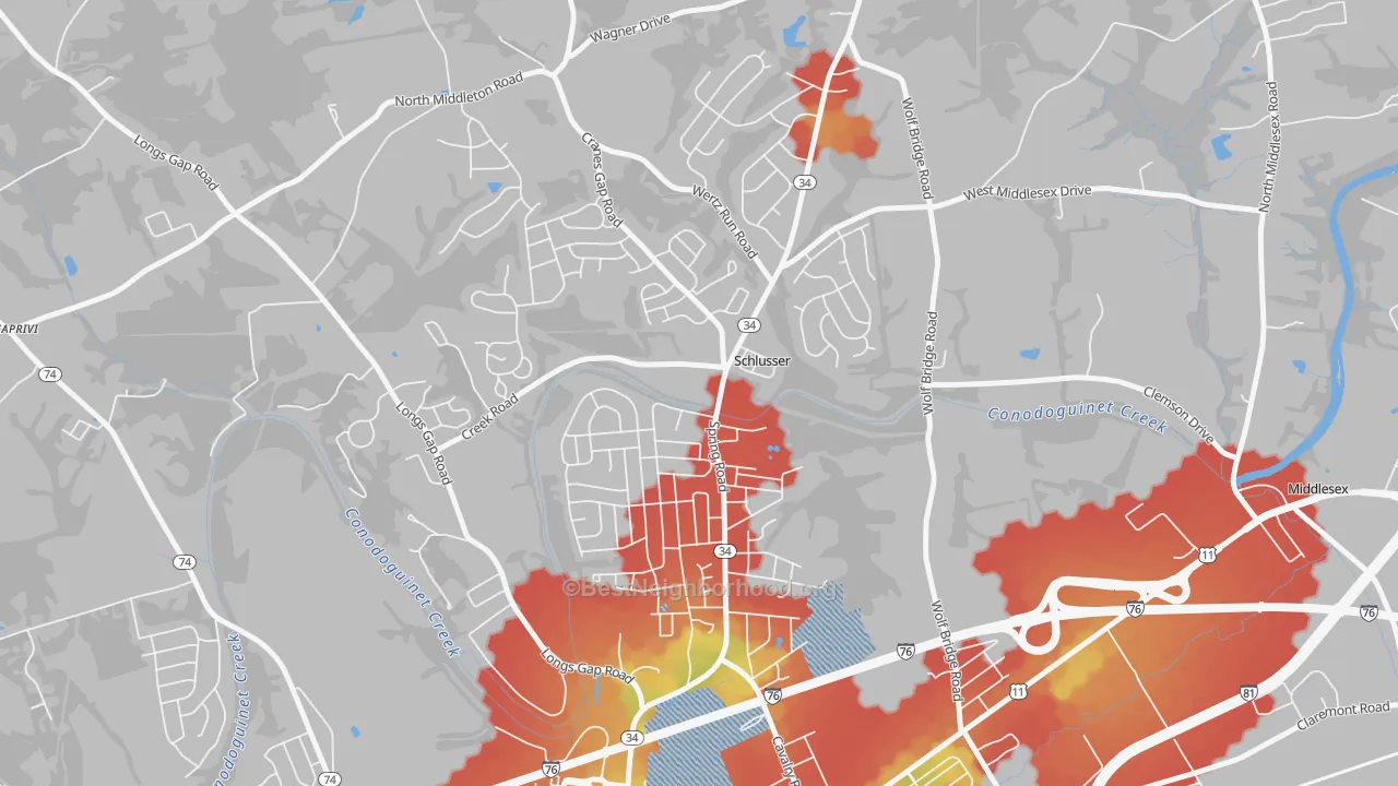Walk Grade map of Schlusser, PA, walkable areas in green and car-dependent areas in red
