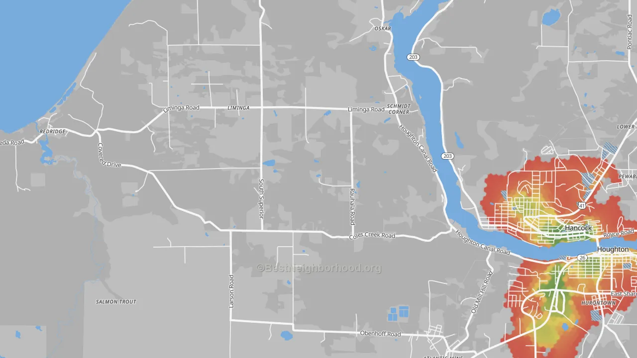 Walk Grade map of Schmidt Corner, MI, walkable areas in green and car-dependent areas in red