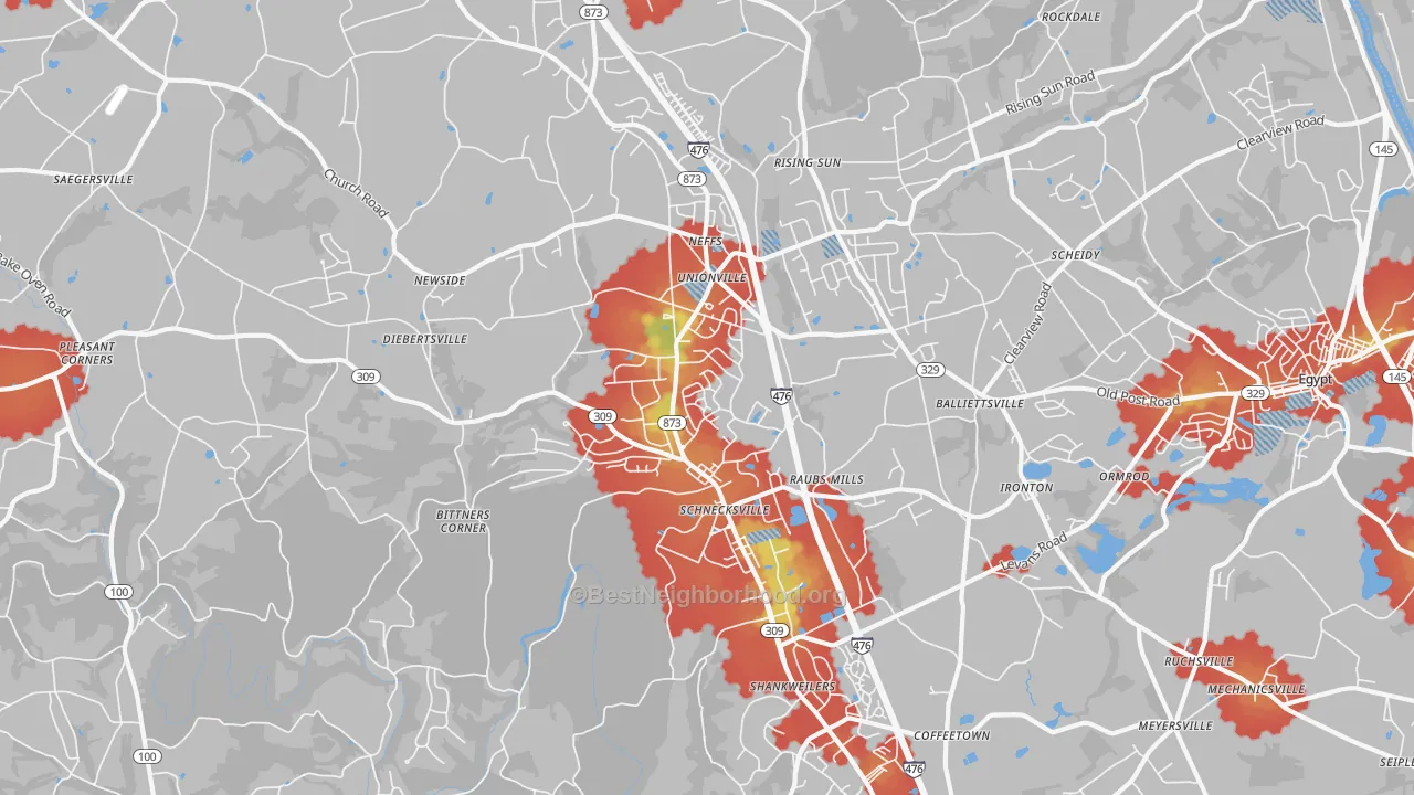 Walk Grade map of Schnecksville, PA, walkable areas in green and car-dependent areas in red