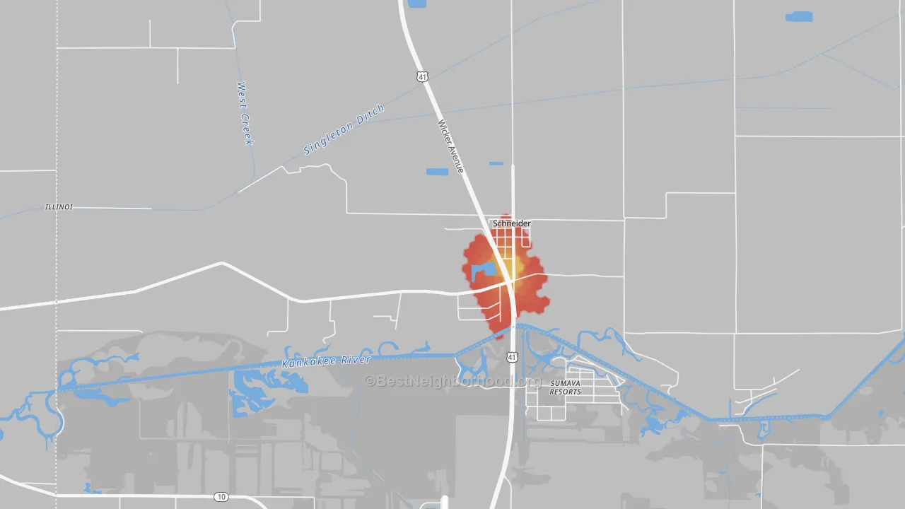 Walk Grade map of Schneider, IN, walkable areas in green and car-dependent areas in red
