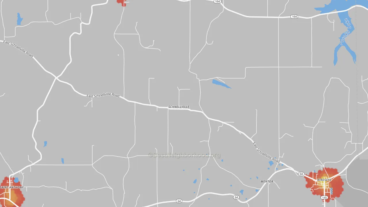 Walk Grade map of Schnellville, IN, walkable areas in green and car-dependent areas in red