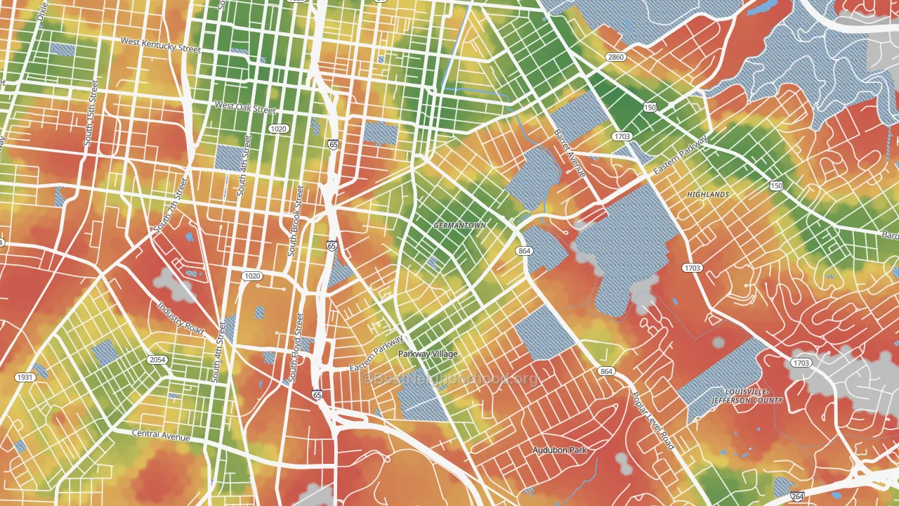 Walk Grade map of Schnitzelburg, Louisville, KY, walkable areas in green and car-dependent areas in red