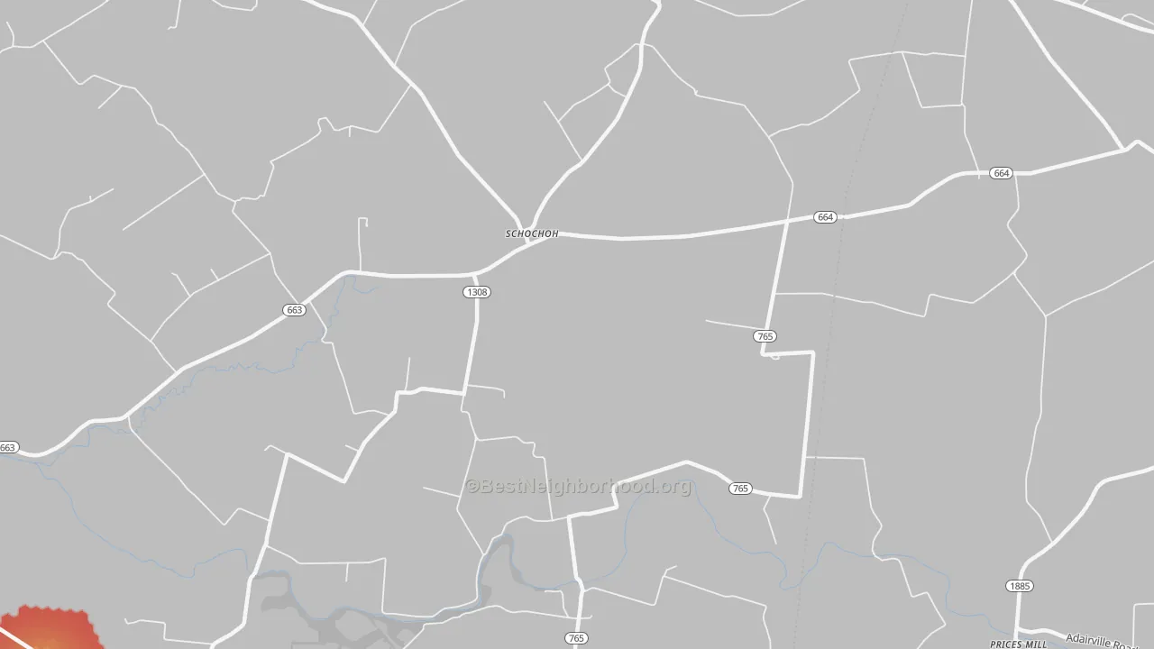 Walk Grade map of Schochoh, KY, walkable areas in green and car-dependent areas in red