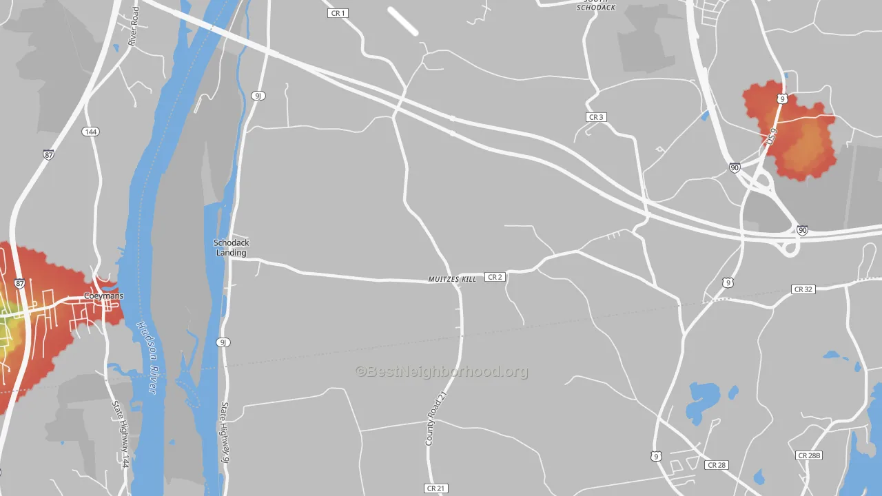 Walk Grade map of Schodack Landing, NY, walkable areas in green and car-dependent areas in red