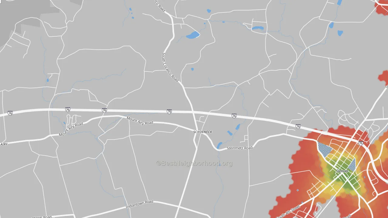 Walk Grade map of Schoeneck, PA, walkable areas in green and car-dependent areas in red