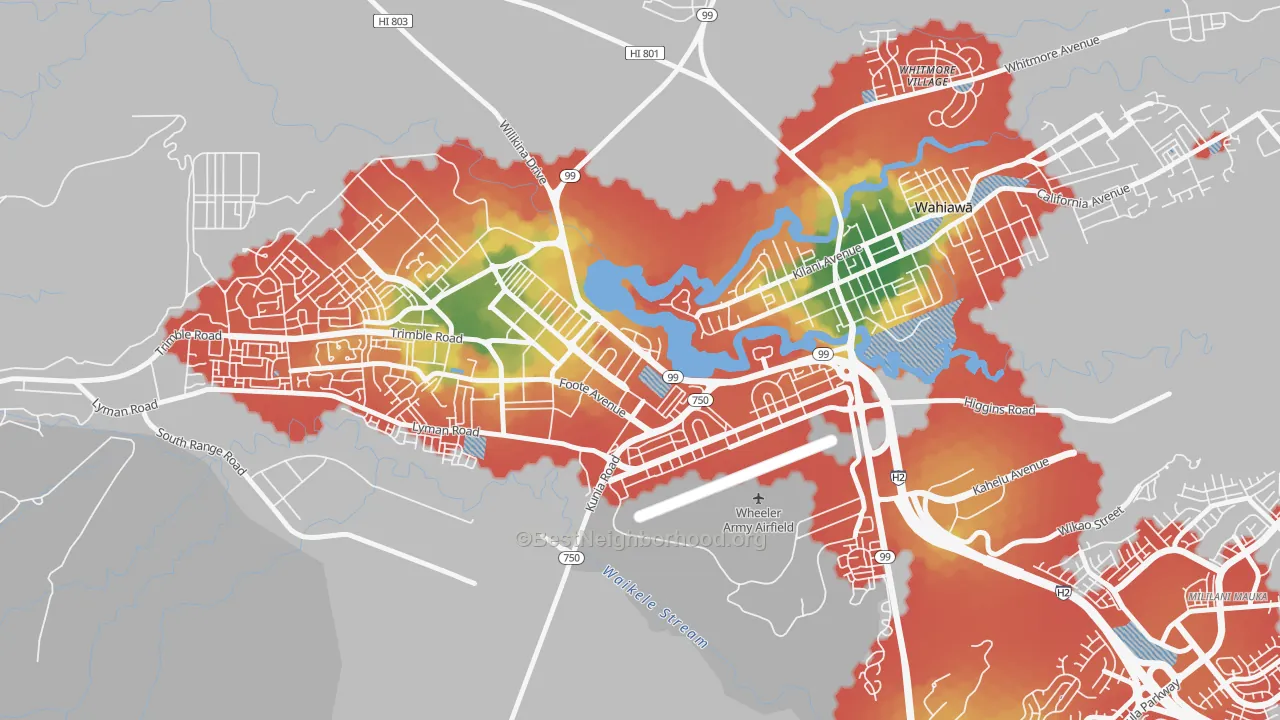 Walk Grade map of Schofield Barracks, HI, walkable areas in green and car-dependent areas in red
