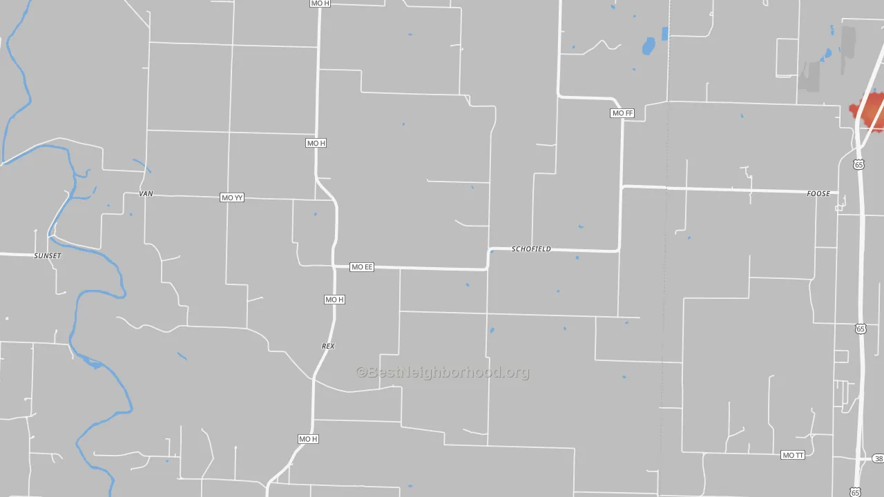 Walk Grade map of Schofield, MO, walkable areas in green and car-dependent areas in red