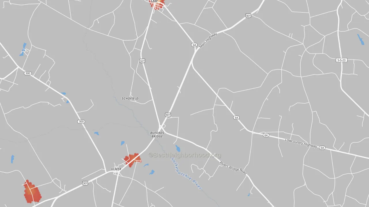 Walk Grade map of Schofield, SC, walkable areas in green and car-dependent areas in red
