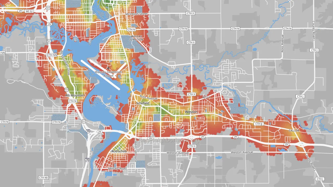 Walk Grade map of Schofield, WI, walkable areas in green and car-dependent areas in red