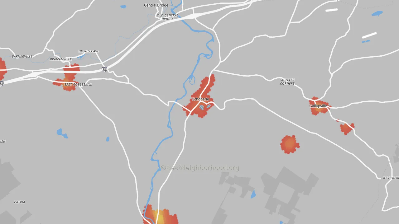 Walk Grade map of Schoharie, NY, walkable areas in green and car-dependent areas in red