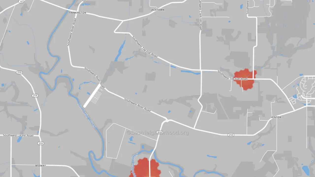 Walk Grade map of Scholls, OR, walkable areas in green and car-dependent areas in red