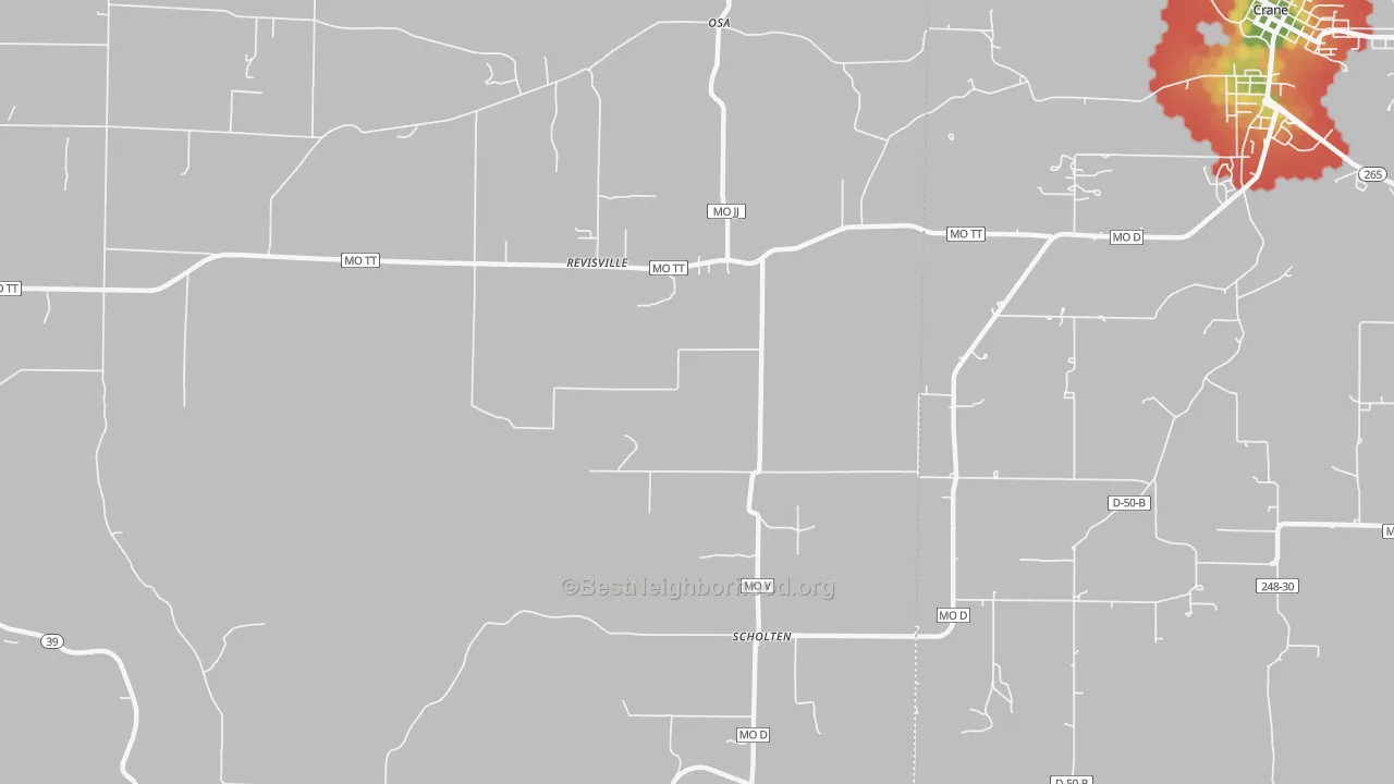 Walk Grade map of Scholten, MO, walkable areas in green and car-dependent areas in red