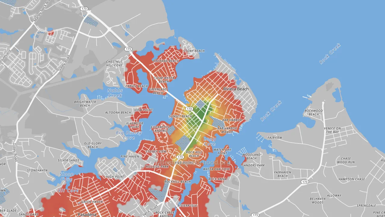 Walk Grade map of School Gardens, Riviera Beach, MD, walkable areas in green and car-dependent areas in red
