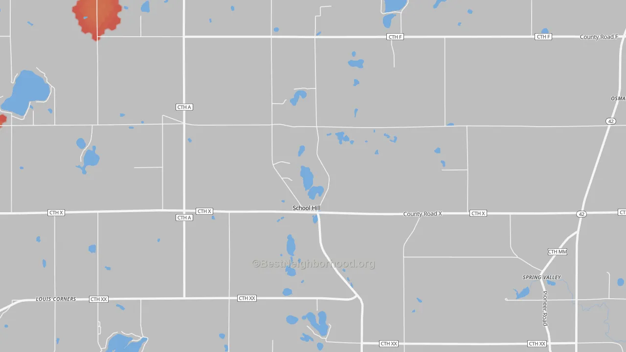 Walk Grade map of School Hill, WI, walkable areas in green and car-dependent areas in red