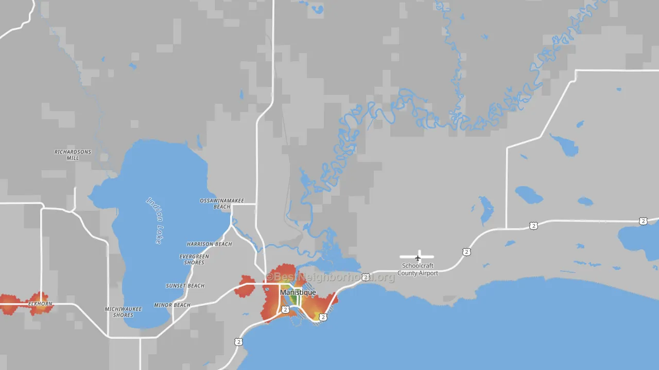 Walk Grade map of Schoolcraft County, MI, walkable areas in green and car-dependent areas in red