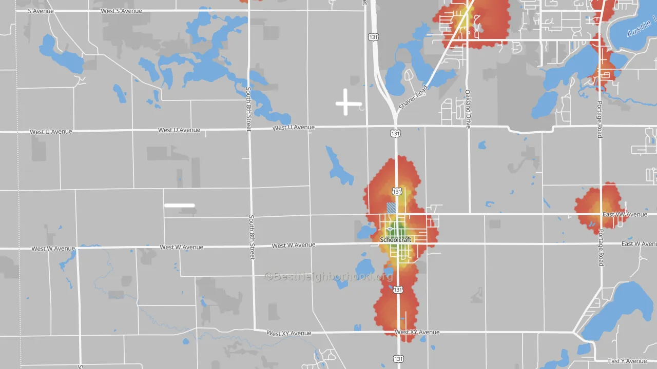 Walk Grade map of Schoolcraft, MI, walkable areas in green and car-dependent areas in red