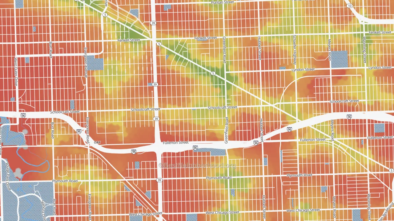 Walk Grade map of Schoolcraft Southfield, Detroit, MI, walkable areas in green and car-dependent areas in red